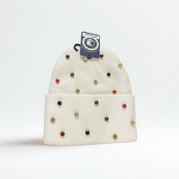 Custom Bedazzled White Unisex Beanie – Hand-Sewn Colorful Rhinestones - Picture 4 of 6